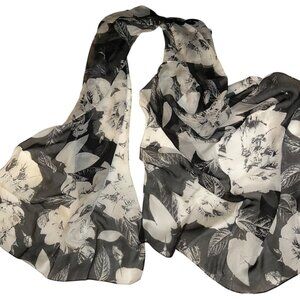 anne klein 100% SILK black white classic handkerchief floral flowers scarf 18x71